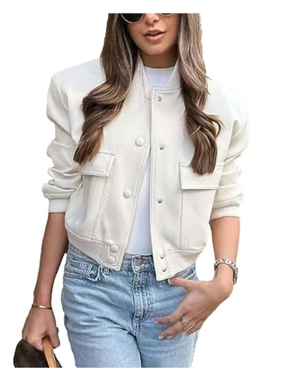 Women's Cropped Button Down Bomber Varsity Jacket Shacket